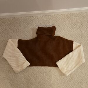 Elegant Brown and Cream Turtleneck Sweater